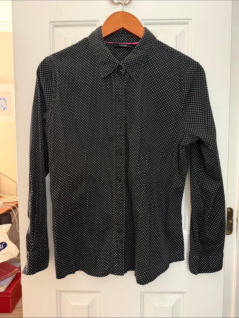 Apt. 9 Black Button-Front Shirt with White Polka Dots XL